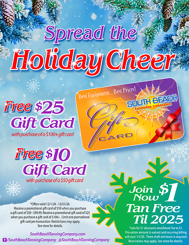 Spread The Holiday Cheer. Free $25 Gift Card With Purchase Of A $100+ Gift Card. Free $10 Gift Card With Purchase Of A $50 Gift Card. Offers Valid Dec. 1-31