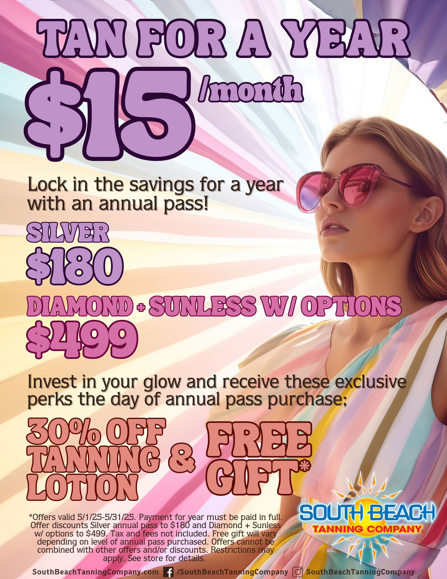 Tan For A Year $15 Per Month. Lock In The Savings For A Year With An Annual Pass! Silver $180, Diamond, Sunless W Options $499
