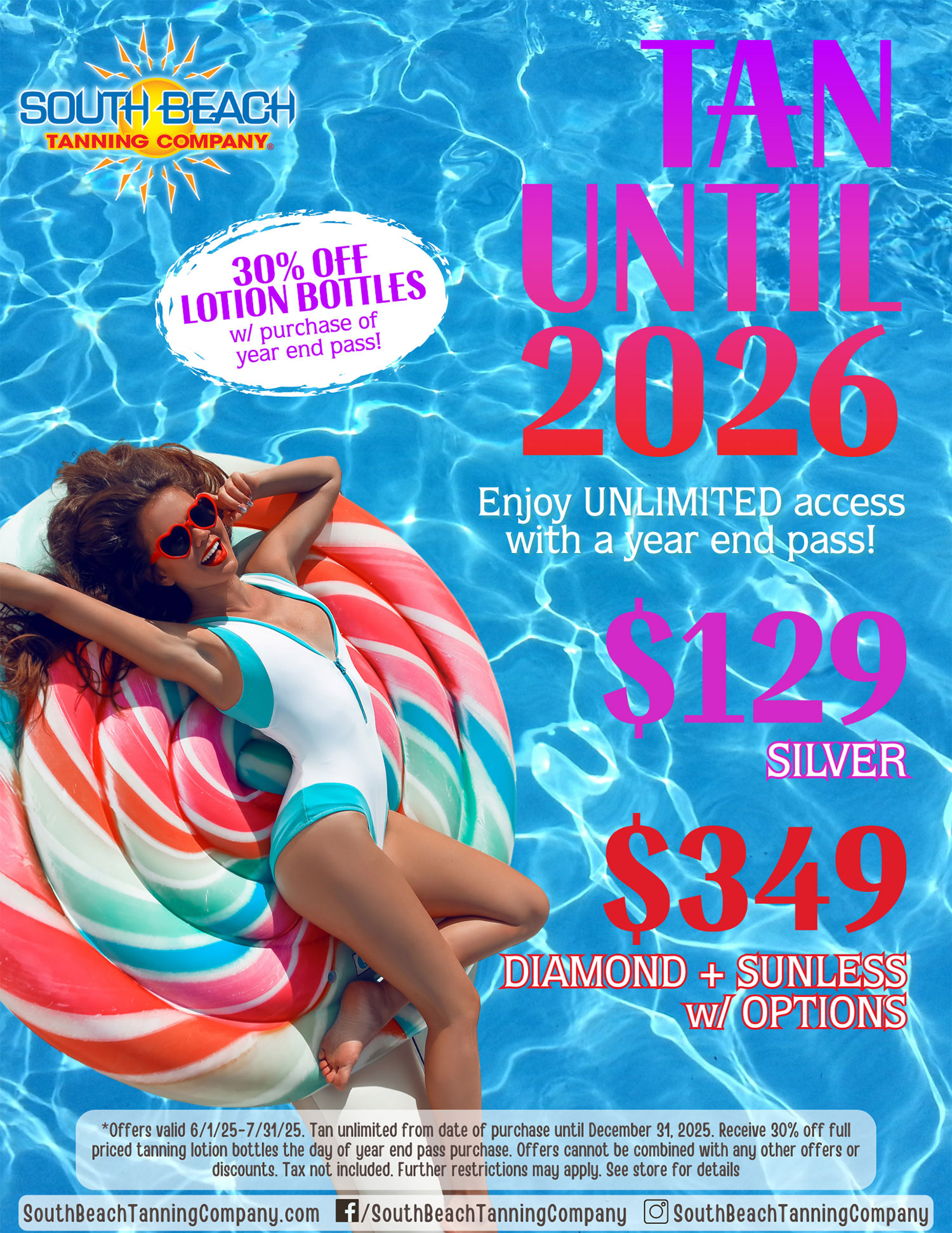 Enjoy Unlimited Access With a Year End Pass, Tan Until 2026, $129 Silver, $349 Diamond + Sunless W/ Options
