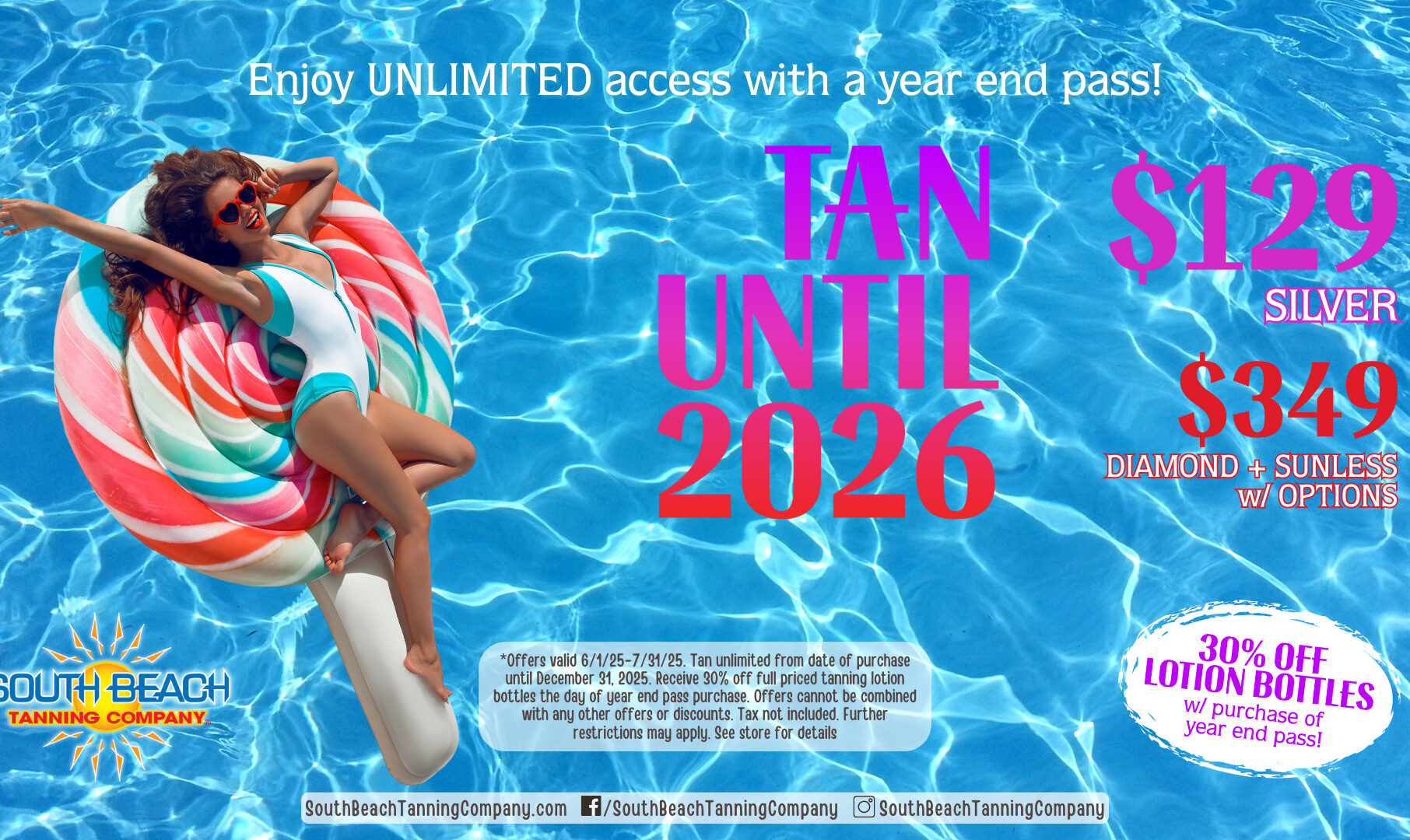 Enjoy Unlimited Access With a Year End Pass, Tan Until 2026, $129 Silver, $349 Diamond + Sunless W/ Options