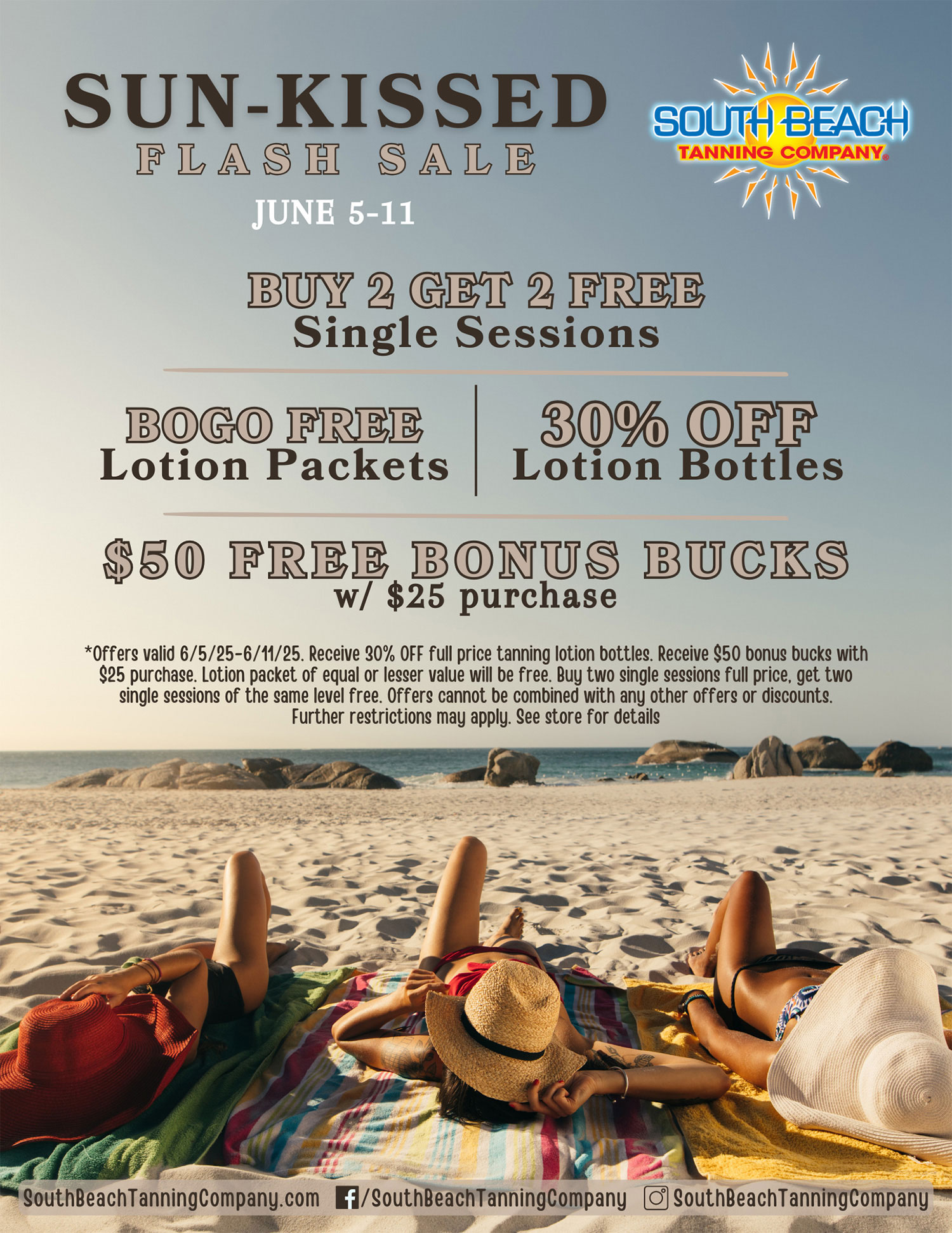 Sun-Kissed Flash Sale June 5-11, Bogo Free Lotion Packets, Buy 2 Get 2 Free Single Sessions, 30% Off Lotion Bottles, $50 Free Bonus Bucks W/$25 Purchase