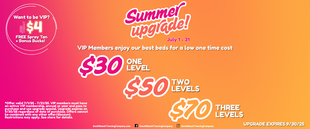Summer Upgrade! July 1-31 VIP Members enjoy our best beds for a low one time cost, $30 One Level, $50 Two Levels, $70 Three Levels