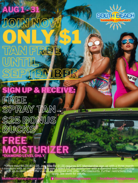 Aug 1-31, Join Now Only $1 Tan Free Until September, Sign Up & Receive: FREE Spray Tan $25 Bonus Bucks