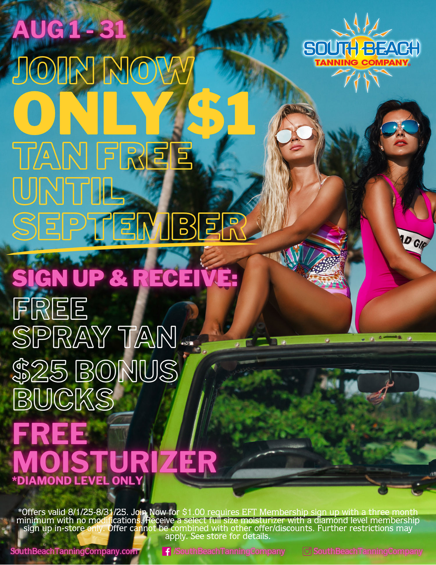 Aug 1-31, Join Now Only $1 Tan Free Until September, Sign Up & Receive: FREE Spray Tan $25 Bonus Bucks