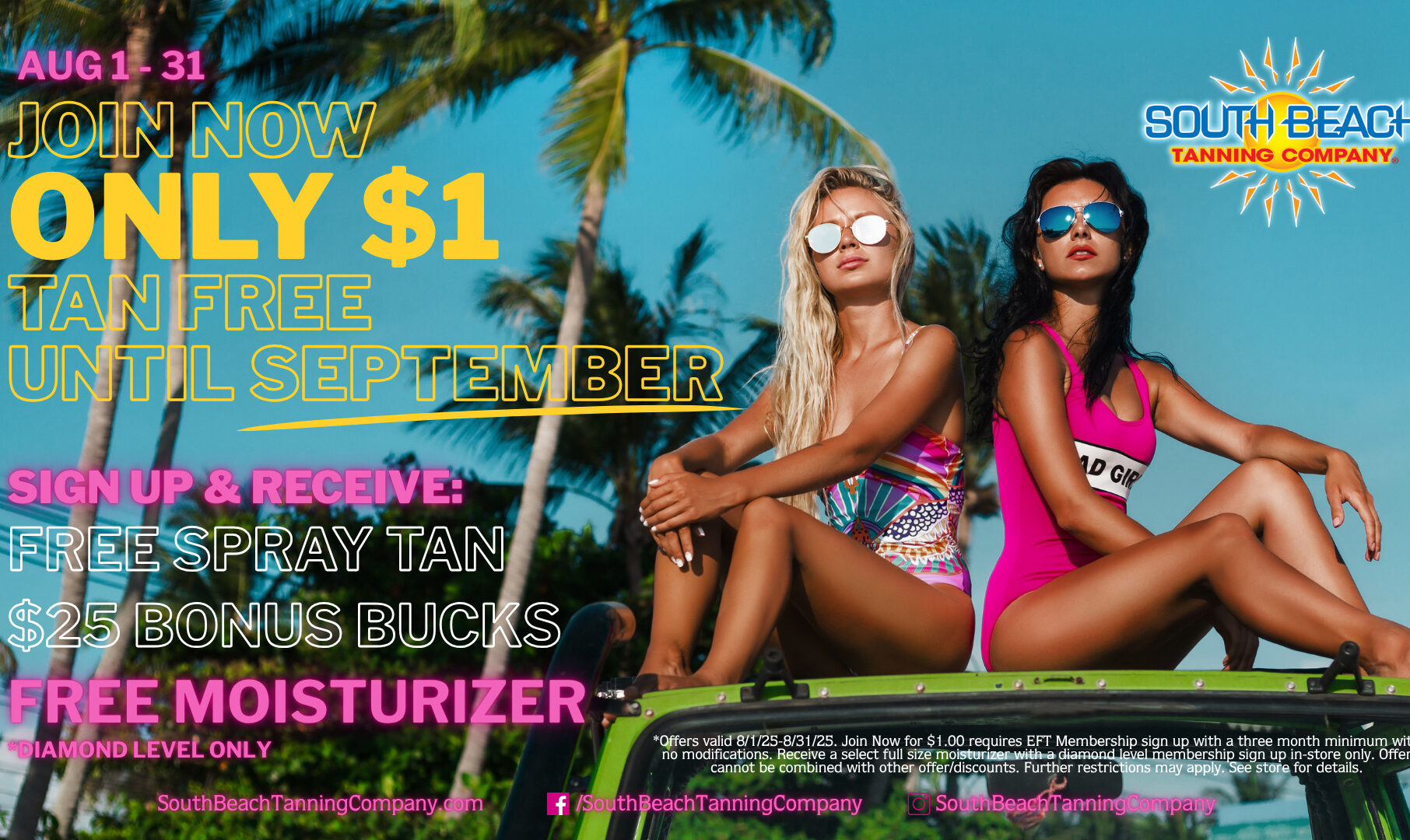 Aug 1-31, Join Now Only $1 Tan Free Until September, Sign Up & Receive: FREE Spray Tan $25 Bonus Bucks