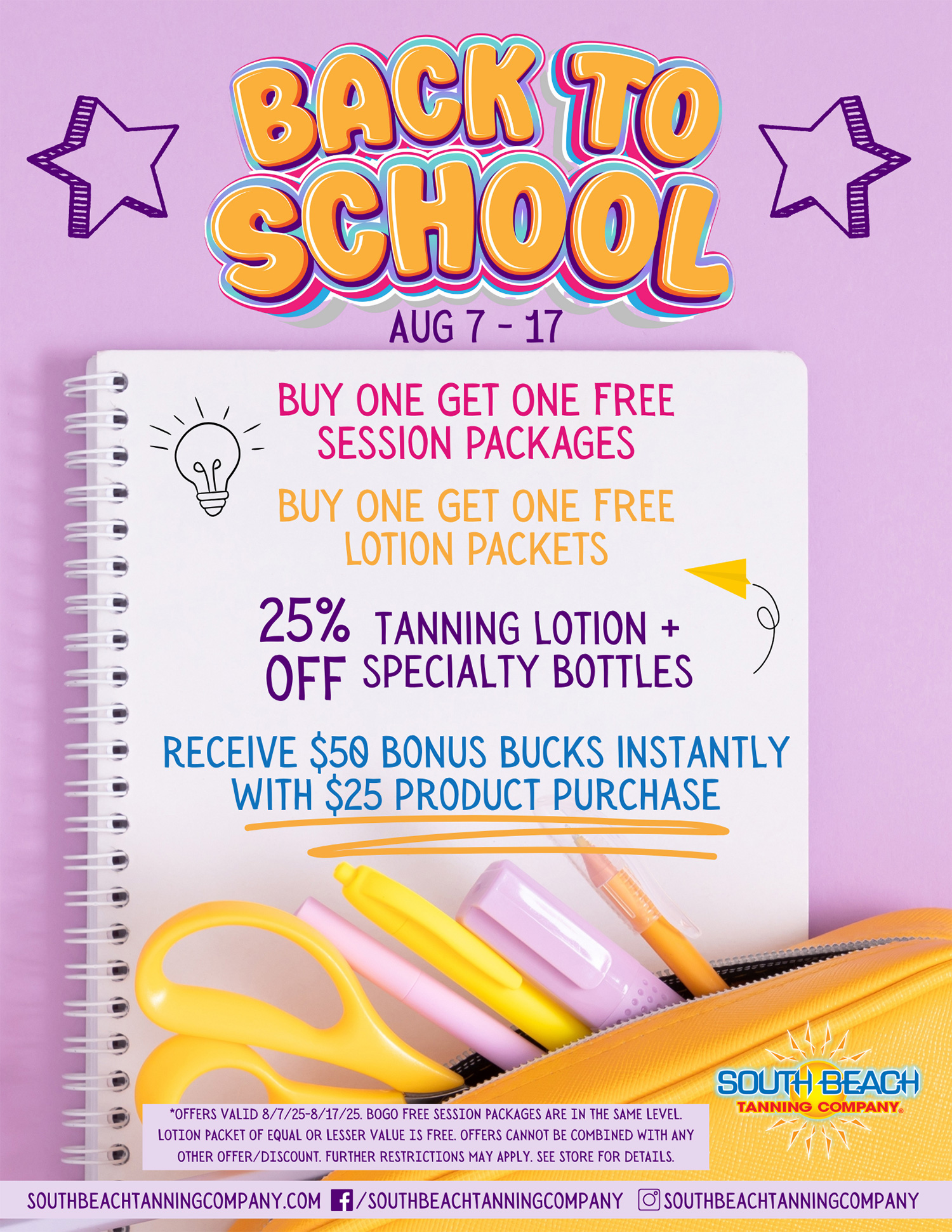 Back to School, Aug 7-17, Buy One Get One Free Session Packages, Buy One Get One FREE Lotion Packets