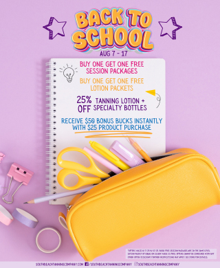 Back to School, Aug 7-17, Buy One Get One Free Session Packages, Buy One Get One FREE Lotion Packets