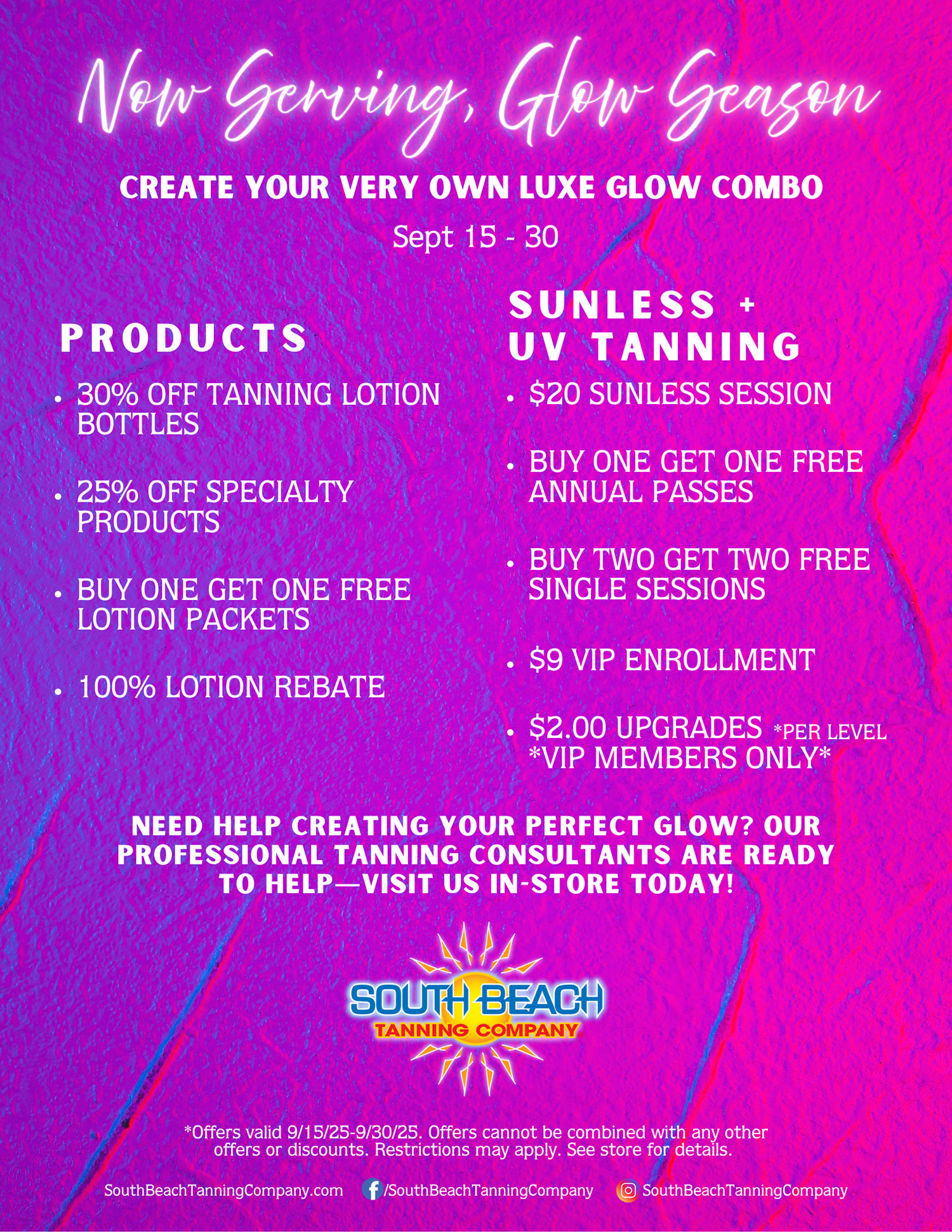 Now Serving, Glow Season, Create Your Very Own Luxe Glow Combo September 15-30.