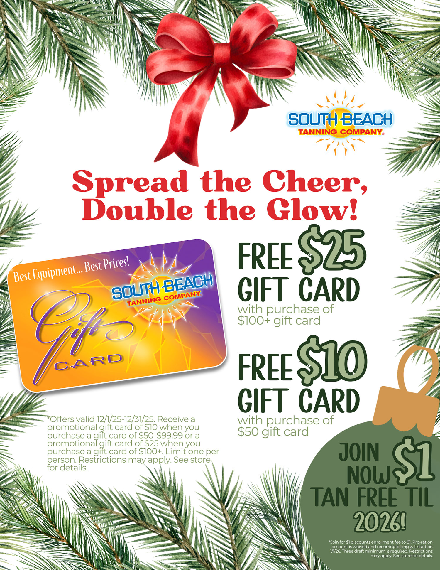 Spread the Cheer, Double the Glow! Free $25 Gift Card with purchase of $100+ gift card, Free $10 Gift Card with purchase of $50 gift card