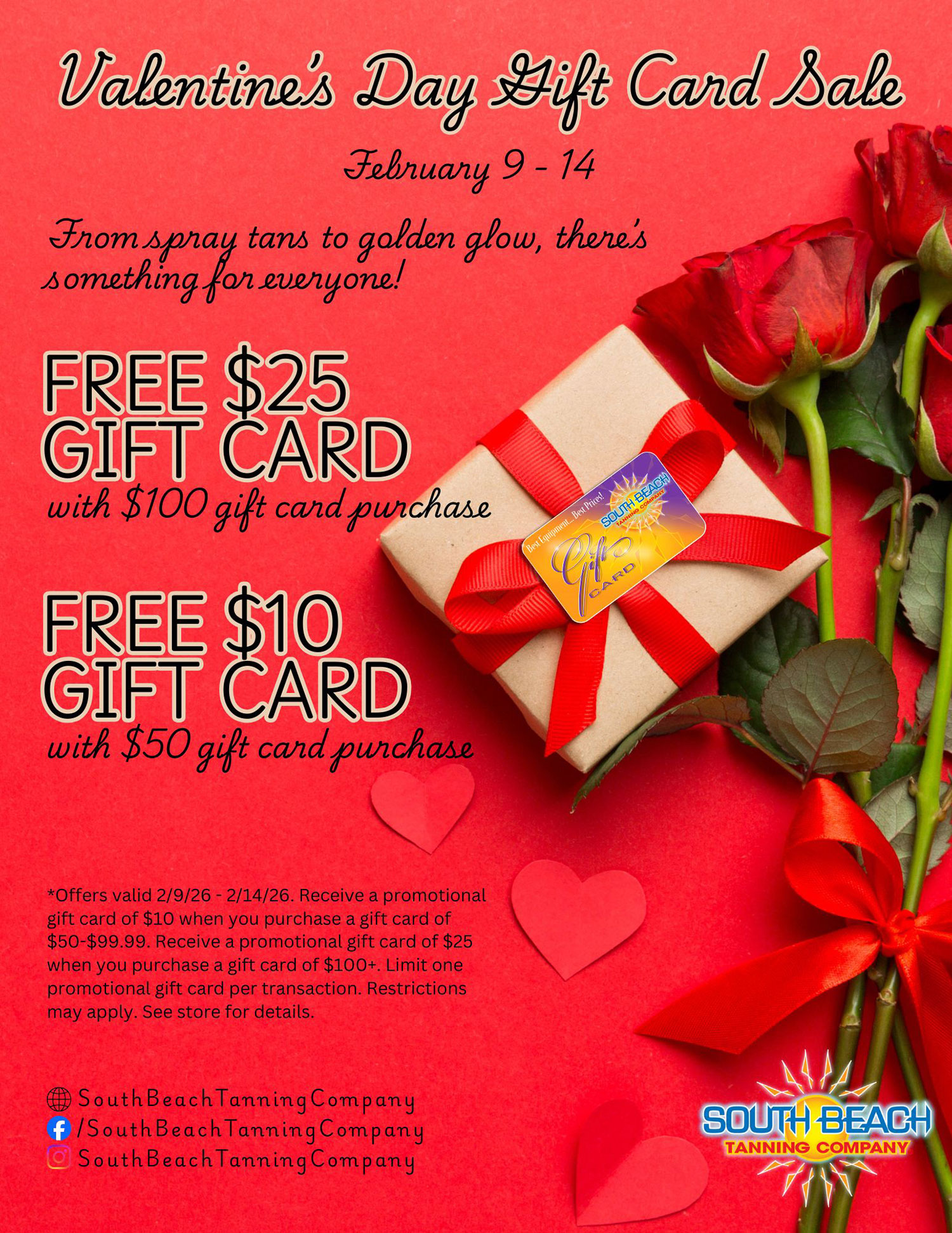 Valentine's Day Gift Card Sale, From spray tans to golden glow, there's something for everyone!